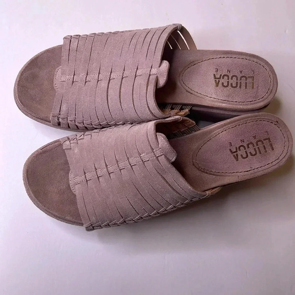 Lucca Lane leather neutral mules heeled wedges sandals size 10 - Picture 1 of 5